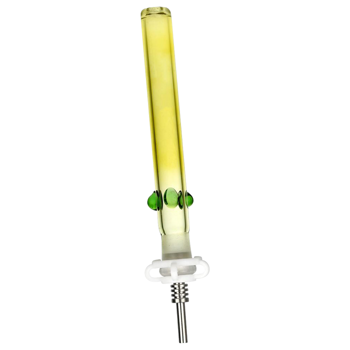 Vertical close-up of the Classic Glass Honey Vapor Straw Collector showing its yellow-tinted glass tube with three green glass knobs and a metal tip against a white background