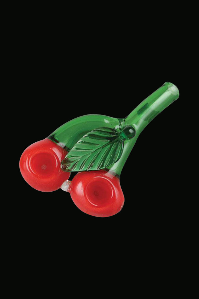 A close-up of the Double Cherry Glass Spoon Pipe, displaying its rounded bowl and smooth, cherry-red finish.