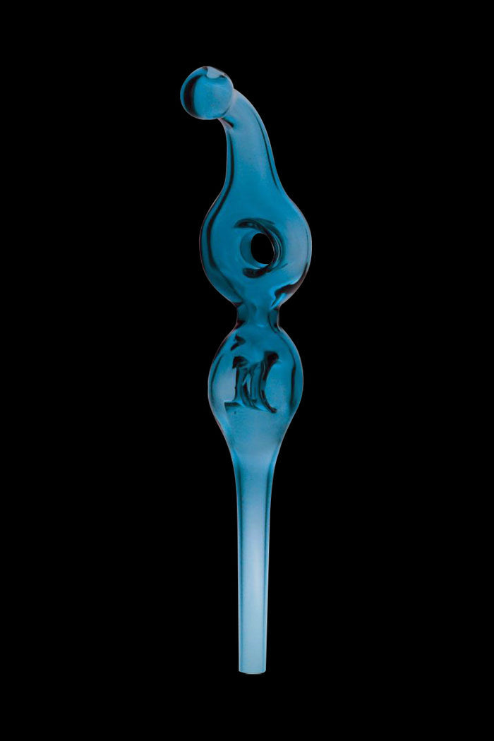 Blue glass oil rig dab straw with intricate detailing.