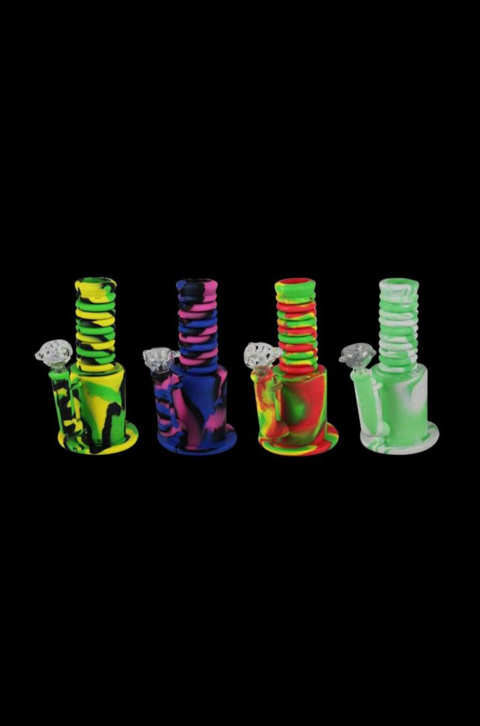 Front view of the Extendable Neck Silicone Bong, featuring a colorful, flexible neck and clear base against a black background.