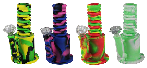 Front view of the Extendable Neck Silicone Bong, showing a colorful, textured design and a slightly angled perspective against a plain white background.