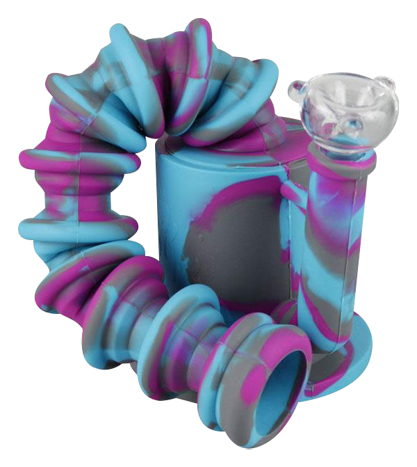 Front view of the Extendable Neck Silicone Bong, showcasing its coiled, flexible neck and colorful, patterned design.