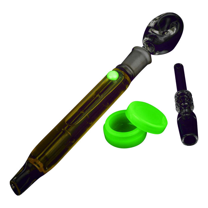 A close-up shot of the Freezable Glycerin Dab Straw & Spoon Pipe alongside a small, translucent green cap on a plain white background.