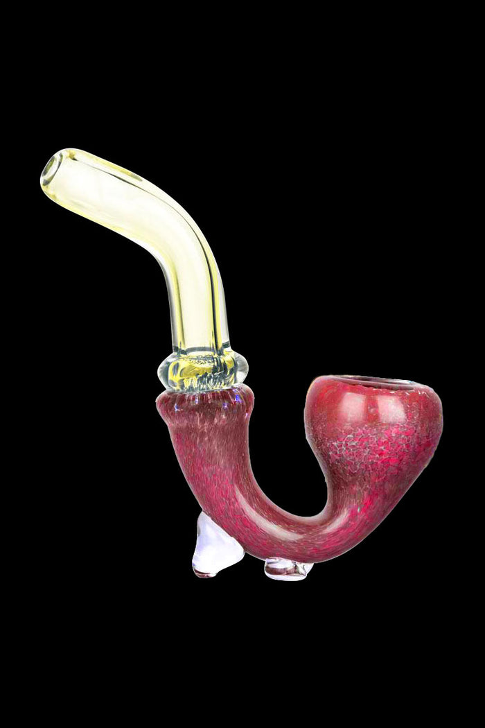 Hand-blown glass pipe with a red speckled bowl and yellow stem.
