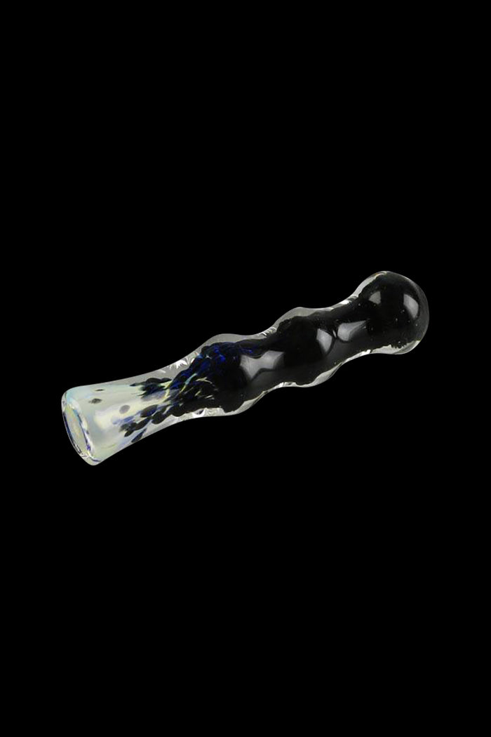 A close-up, angled view of the Fritted Fumed Taster Glass Chillum, showcasing its smoky, textured glass finish.