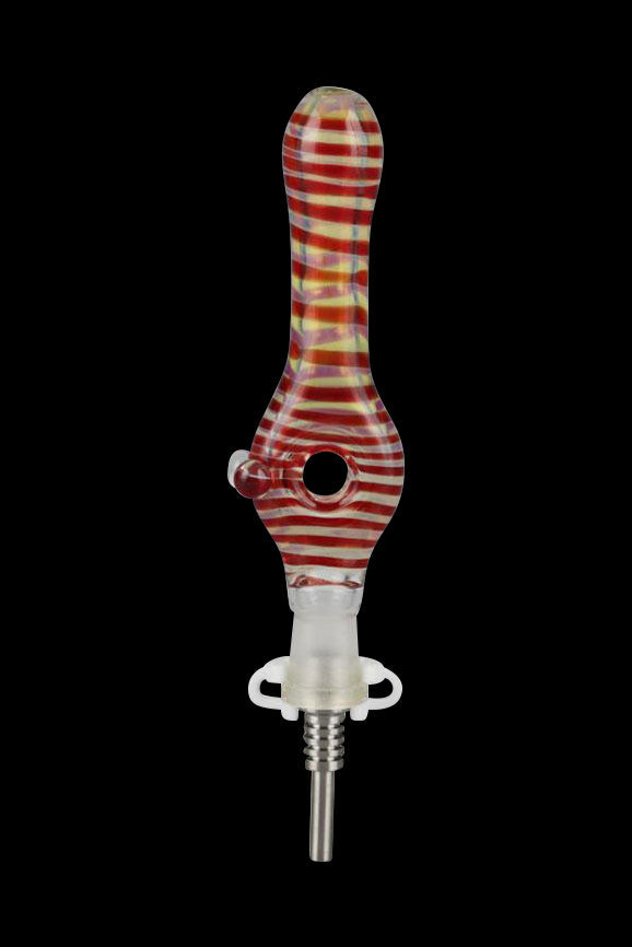 Red and white striped glass oil rig nail with titanium tip.