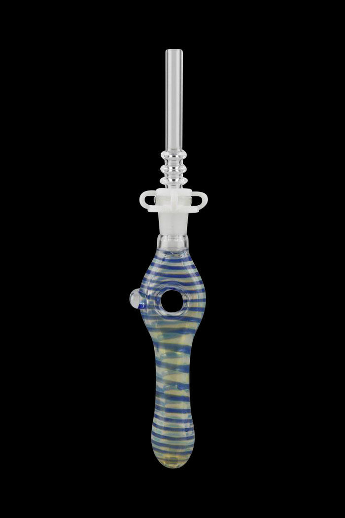 Blue and yellow striped glass oil rig for cannabis concentrate vaporization.