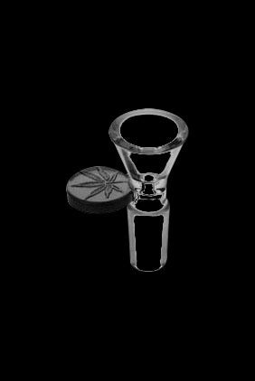 Glass pipe and cannabis-leaf-etched grinder on black background.