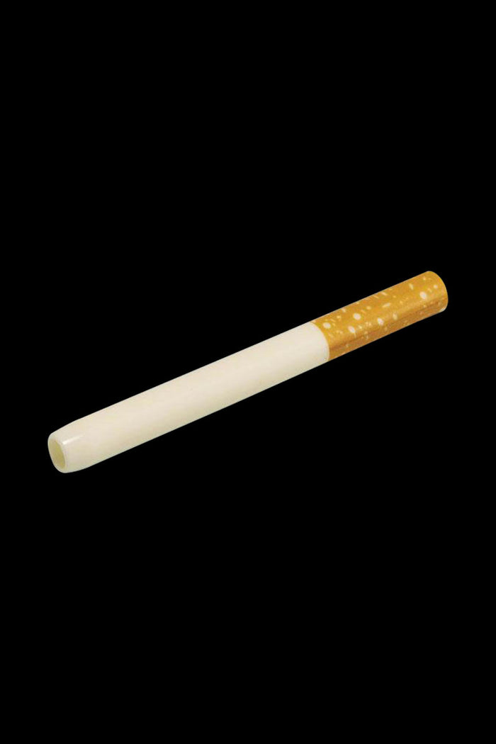 Diagonal side view of the Large Ceramic Cigarette Tobacco Taster, a white ceramic tube with a speckled tan filter end against a black background
