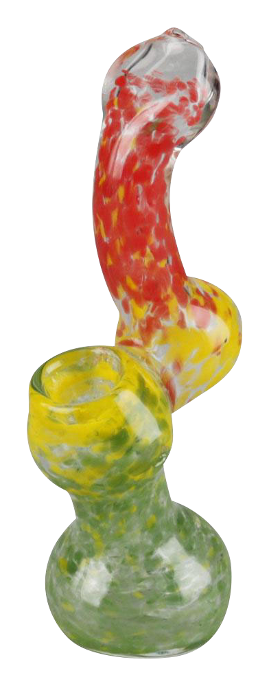 Front view of the Rasta Bubbler Hand Pipe, a colorful glass bubbler with a curved neck and patterned design.