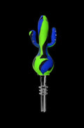 Center-framed Silicone Cactus Dab Straw Collector in neon green and cobalt blue with a cactus silhouette and clear quartz tip against a black background