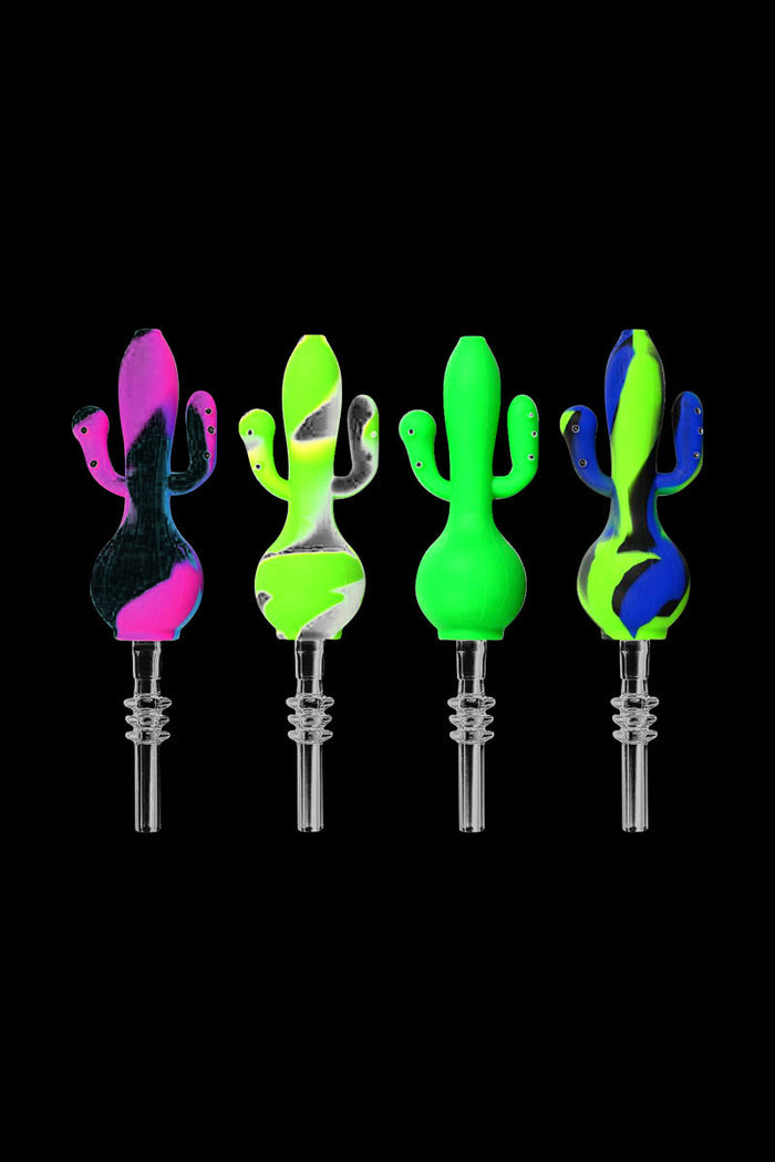 Front-facing row of four colorful Silicone Cactus Dab Straw Collector pieces with titanium tips against a black background.