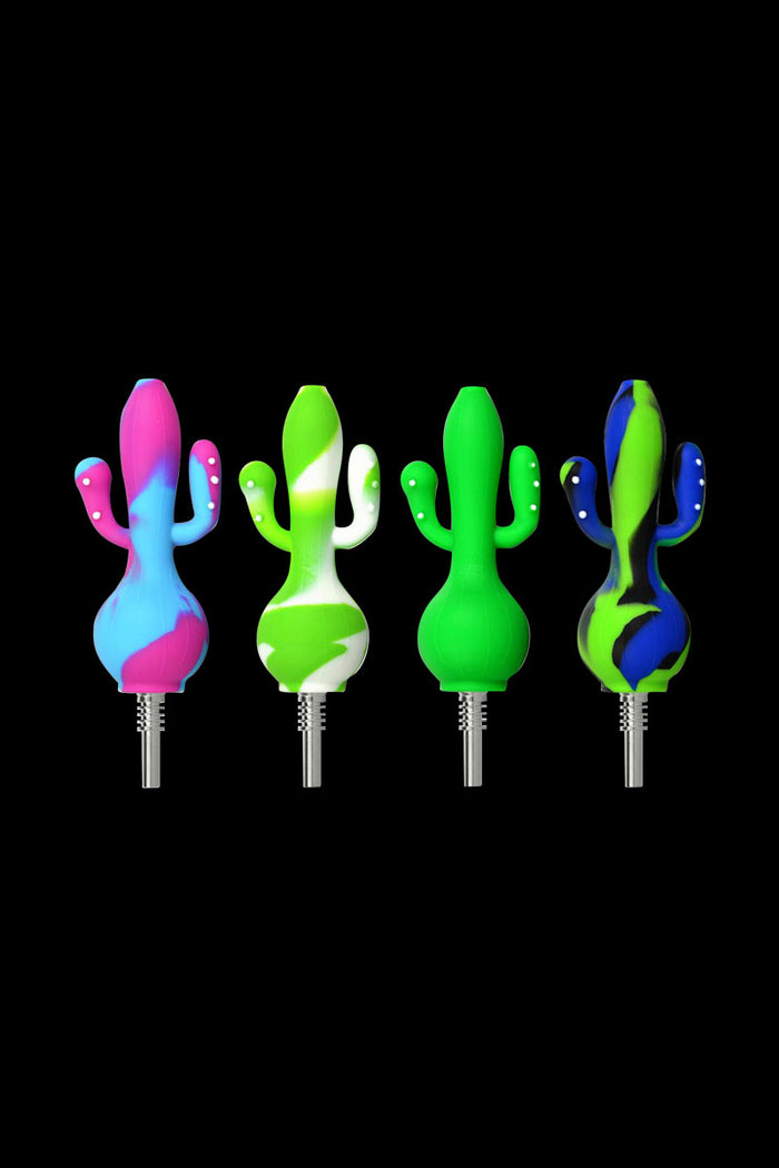 Front-facing row of four colorful Silicone Cactus Dab Straw Collector pieces against a black background, each with a metal tip and unique swirl pattern.