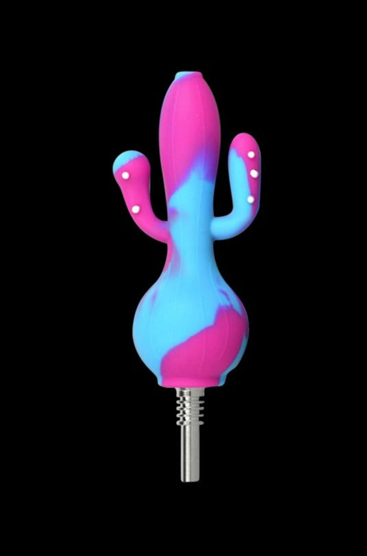 Centered front view of the Silicone Cactus Dab Straw Collector in marbled pink and blue silicone against a black background, showing its cactus arms and metal straw tip.