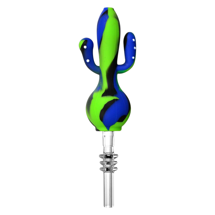 Vertical studio shot of the Silicone Cactus Dab Straw Collector in swirled blue, green, and black silicone with two small arms and a clear glass straw.