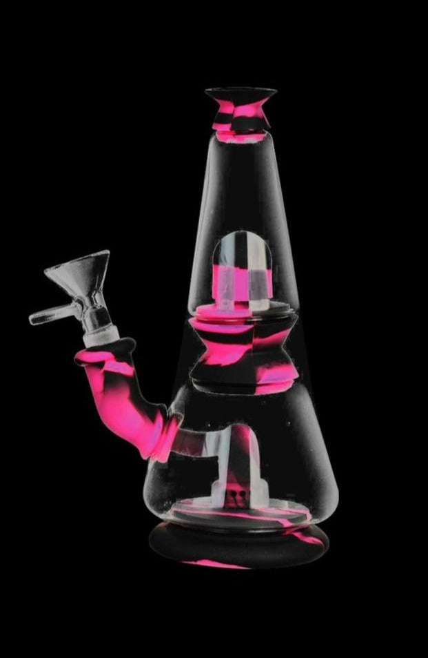 A front view of the Silicone Dual Chamber Modular Glass Bong, showcasing its dual-chamber design against a dark backdrop.