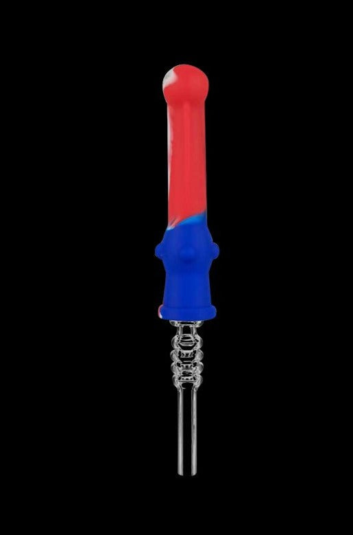 A close-up, angled view of the Silicone Vapor Straw with Quartz Tip, featuring a clear quartz tip and silicone body.