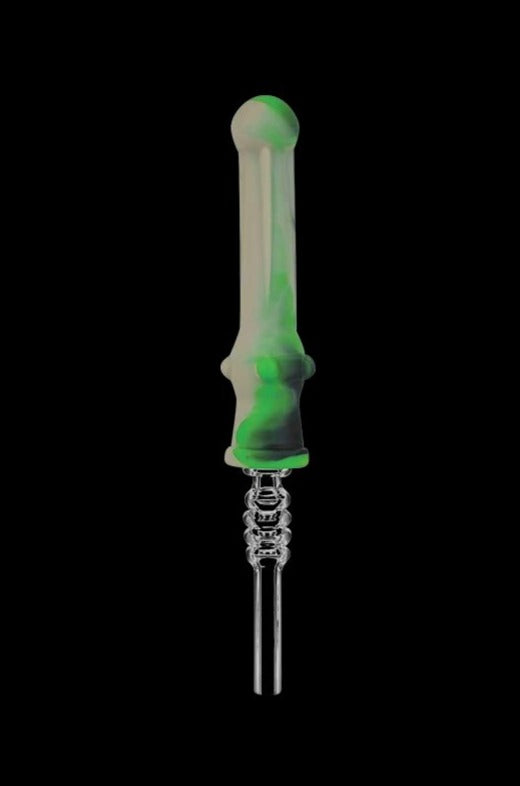 Close-up view of the Silicone Vapor Straw with Quartz Tip, showcasing its slender profile and metallic finish.
