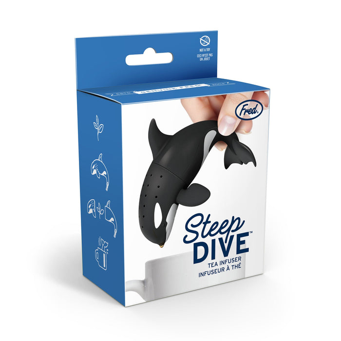 Tea infuser packaging with orca whale design on a white background