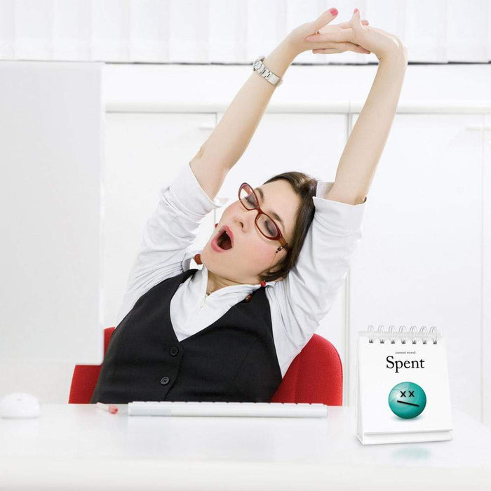 Bright, cheeky Daily Mood flip book showing silly mood page and showing showing yawning at work— the perfect funny desk gift for your favorite coworker.
