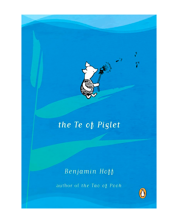 The book cover of 'The Te of Piglet' by Benjamin Hoff, published by Penguin. The cover features a bright blue background with wavy light blue and teal stripes, a small white piglet blowing a dandelion, and the title and author name in white text.