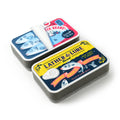 A set of two sponges that look like tinned fish or sardines. The front tin says "Lather & Lure Brand"