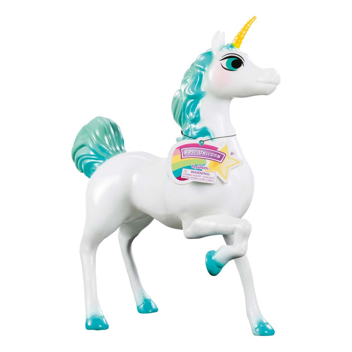 The Toysmith Epic Unicorn Figure is a white unicorn with a teal mane and tail, blue eyes, and a yellow horn, standing on three legs with a star-and-rainbow tag. Perfect for imaginative play—collect more Toysmith magical unicorns!.