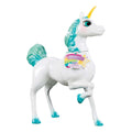 The Toysmith Epic Unicorn Figure is a white unicorn with a teal mane and tail, blue eyes, and a yellow horn, standing on three legs with a star-and-rainbow tag. Perfect for imaginative play—collect more Toysmith magical unicorns!.