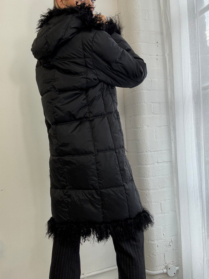 Vintage Y2K Mongolian fur trim hooded puffer coat