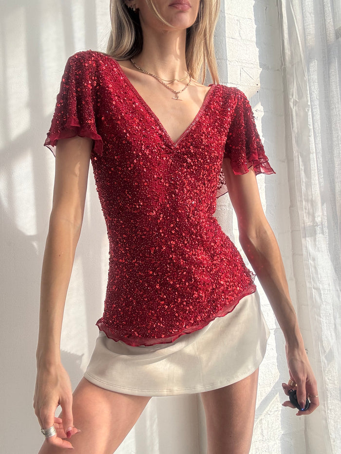 Vintage Y2K red sequin silk flutter sleeve top