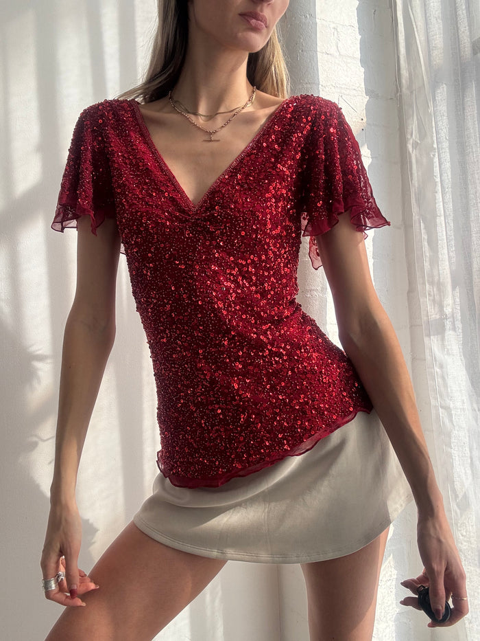Vintage Y2K red sequin silk flutter sleeve top